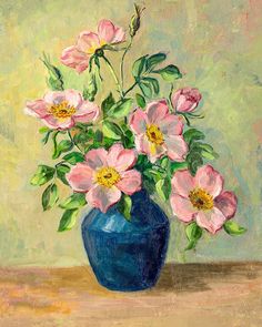 a painting of pink flowers in a blue vase