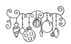 a line drawing of ornaments hanging from the ceiling with swirls and dots on them