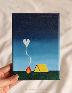 a painting of a tent with a heart shaped balloon in the sky and a campfire