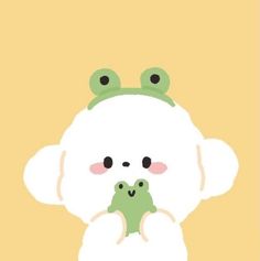 a green frog sitting on top of a white teddy bear's head with its eyes closed