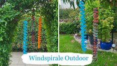 several different types of wind chimes hanging from trees in a garden with the words windspirale outdoor above them