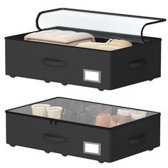 two black storage boxes with lids and drawers on each side, one open and the other closed