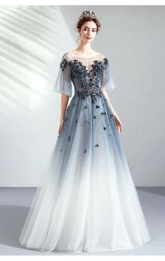 Ombre Prom Dress, Gaun Koktail, Lace Long Prom Dress, Ombre Prom Dresses, Prom Dress Evening, 파티 드레스, White Prom Dress, Blue Evening Dresses, Blue Tulle