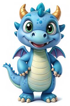 a cartoon blue dragon with horns on its head and big eyes, standing in front of a white background