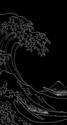 an ink drawing of a large wave in the night sky with mountains in the background