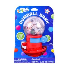 the gumball bank is red, blue and white with lots of balls in it