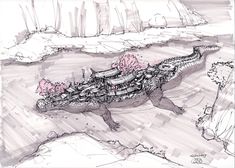 a drawing of a large alligator with pink flowers on its back