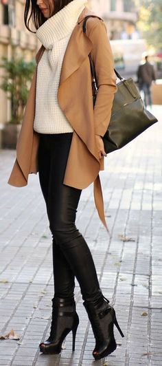 Weekend Mode, Walking Down The Street, Black Leather Pants, White Turtleneck, Street Style Winter, Camel Color