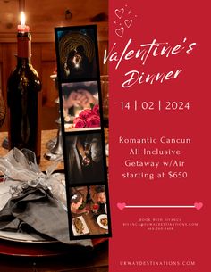 an advertisement for valentine's dinner with wine bottles and napkins on the table