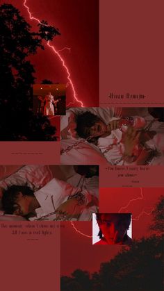 a collage of photos with the same person in bed, lightning and trees behind them