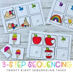 three - step sequence matching activity for children to learn numbers and colors with pictures on them