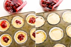 cupcakes in muffin tins with strawberry filling on top, and one filled with jam