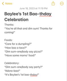 an image of a text message that reads baylee's 1st bod - thday celebration thank you're all that and dine