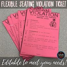 four pink tickets with the words flexible seating violation ticket