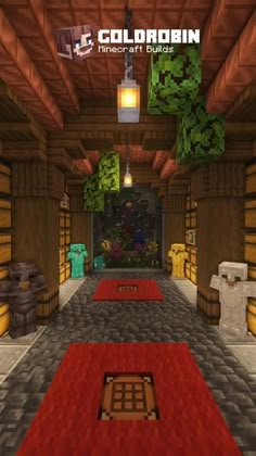 a long red carpeted hallway with plants and rocks on the walls, in an old minecraft style building