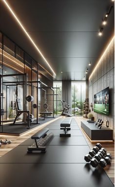 an empty gym with treadmills and exercise equipment on the floor in front of a flat screen tv