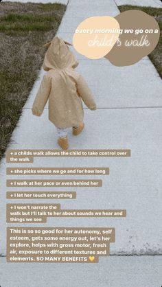 a child walking down a sidewalk with a teddy bear on it's back and the caption reads, every morning we go on a walk