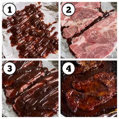 four pictures showing how to cook ribs in bbq sauce and then drizzle them with barbecue sauce