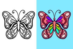 a butterfly with different colors on it's wings and the outlines for each one