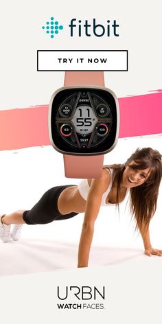 an advertisement for the fitbitt watch with a woman doing push ups on her stomach