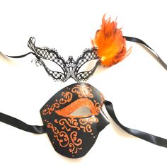 Stunning and bright in Burnt orange theme masquerade mask set for couples. I N C L U D E D Available for purchase individually or as a couple's set (one womens mask and one mens mask). Masks come with matching double sided satin ribbons attached. Thank you for supporting small businesses and hope our products bring you and loved ones some joy and humor in these trying times. S H I P P I N G - Current processing times range 5-7 days. Pls note expedited & 1-2 day guaranteed delivery services o Halloween Eye Mask As A Gift, Halloween Eye Mask Gift, Orange Masquerade Mask, Venetian Ball, Ball Masks, Masquerade Mask Women, Black Masquerade, Couples Masquerade Masks, Black Masquerade Mask