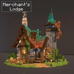 a small house made out of legos on top of a table with the words merchant's lodge written above it