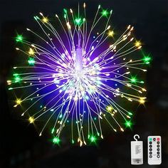 an image of a colorful fireworks display with remotes on the side and in the background