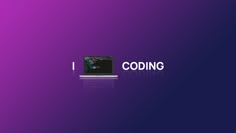 a laptop computer sitting on top of a purple background with the word'codeing'in front of it