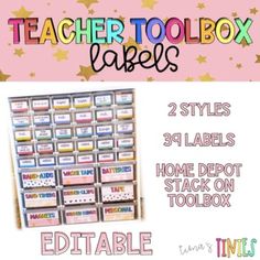 the teacher toolbox labels are displayed in different colors and sizes, including pink, blue,