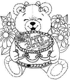 a teddy bear holding a birthday cake with flowers around it