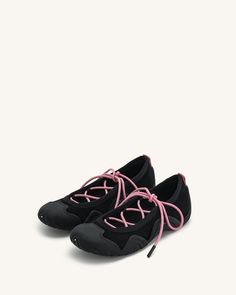 Caitlin Lace-up Ballerina Sneakers  - Black Black Stretch Sneakers With Round Toe, Black Stretch Slip-on Sneakers, Black Sporty Walking Shoes With Flat Heel, Black Stretch Synthetic Sneakers, Black Walking Shoes For Spring Sports, Sporty Black Flat Walking Shoes, Synthetic Stretch Sneakers With Round Toe, Stretch Synthetic Sneakers With Round Toe, Black Flat Sole Walking Shoes For Sports