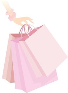 a person's hand with a pink shopping bag in front of them, on a white background