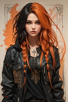 a woman with red hair and black leather jacket standing in front of an orange background