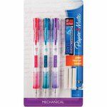 four different colored pens in a package with the same pen on each side and an eraser