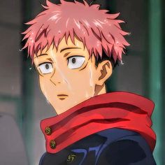 an anime character with pink hair and blue eyes looking at the camera while wearing a red scarf