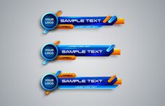 three blue and orange banners with circles on them, one for the title or text