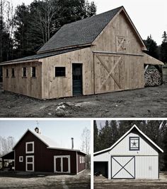 three pictures of different types of barn buildings