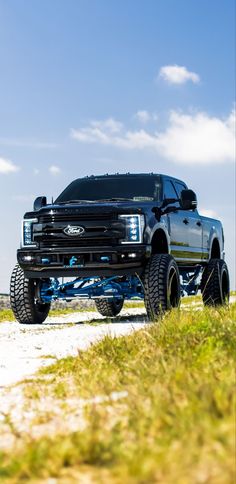 a black truck parked on top of a dirt road next to tall grass and blue sky