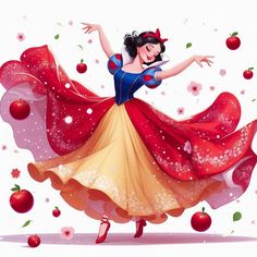 the snow queen is dancing with her arms outstretched and apples falling around her, all around her