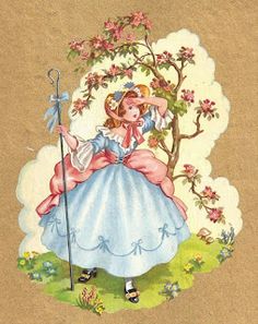 an illustration of a girl in a blue dress with flowers on her head and holding a stick