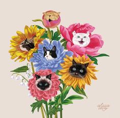 a painting of cats and flowers in a vase