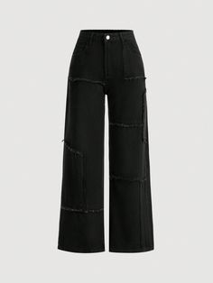 Negro  Collar  Mezclilla Liso Pierna ancha Embellished No-Elástico Black Wide Leg Jeans, Moda Jeans, Cute Pants, Women Denim Jeans, Inspiration Mode, Casual Style Outfits, Casual Denim, Black Casual, Casual Jeans