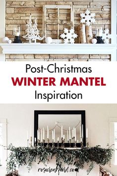 the fireplace mantel is decorated with candles and greenery for winter mantles, as well as christmas decorations