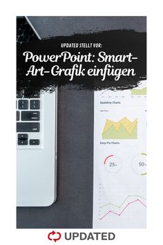 a laptop computer sitting on top of a desk next to a mouse and paper with the words powerpoint smart - art - graff enfigenen