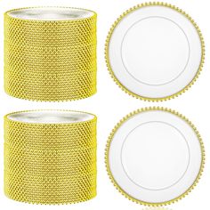 three yellow and white plates with gold rims on them, one in the shape of a basket