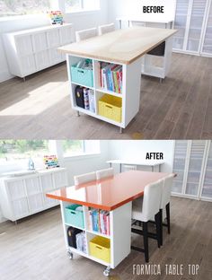 the before and after photos show how to make a bookcase table with storage bins