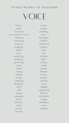 the words that describe voice are arranged in different font styles and colors, along with other words to describe them