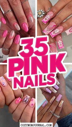 Various shades and styles of pink nail designs with decorative accents like flowers and glitter, showcasing 35 ideas. Hot Pink Oval Nails, Pink Fade Nails, Pink Nail Designs Square, Pink Nails Ideas, Pink Nail Ideas, Faded Nails, Cute Short Nails, Creative Nail Designs, Pink Nail Designs