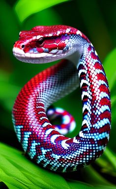 a red, white and blue snake with its mouth open on top of green leaves