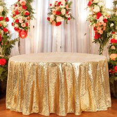 Glitz Sequins 108 Round Tablecloth - Gold 120 Round Tablecloth, Round Tablecloths, Chair Back Covers, Head Tables, Chair Bands, Sequin Tablecloth, Table Overlays, Flower Panels, Drape Panel